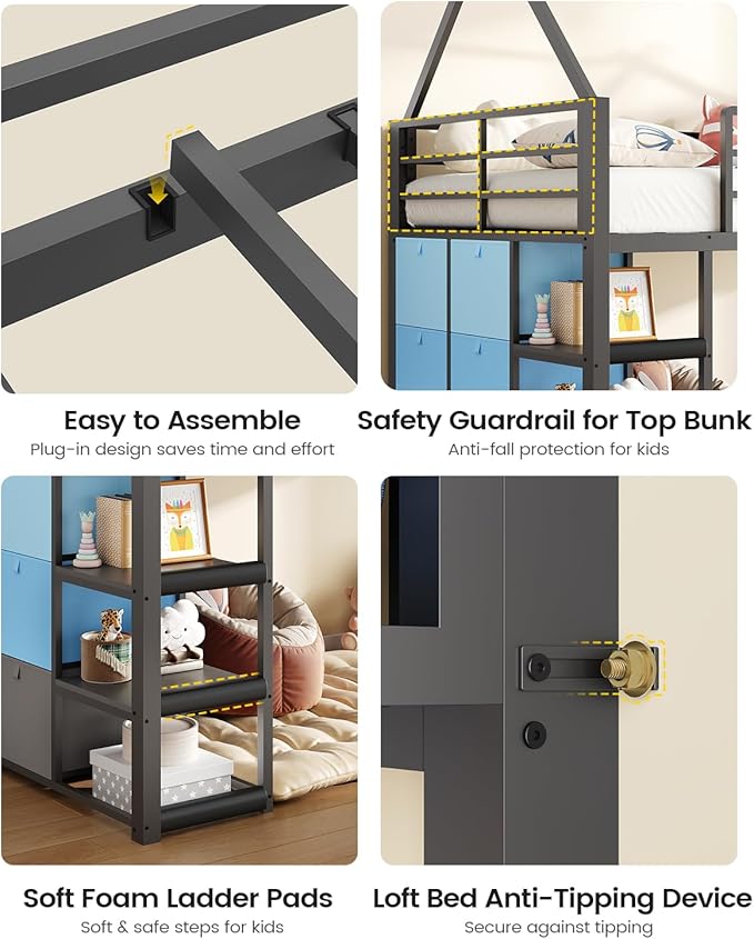 VIAGDO Twin Loft Bed with Desk and Storage for Kids, Metal Low Loft Bed Twin with 9 Drawers, 3-Tier Shelves, Led Lights, Safety Guardrail, No Box Spring Needed,Grey
