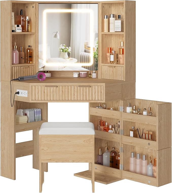 BTHFST Corner Vanity Desk with Lights and Charging Station, Makeup Vanity with Lights, Vanity Set with Mirror and Storage Stool, Makeup Table with Drawers, Rotating Shelves (Natural Oak)