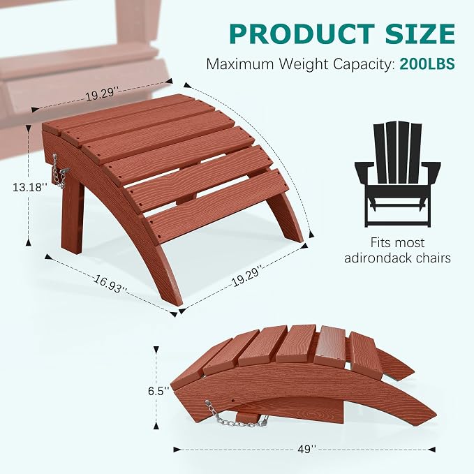 PLUUV Folding Adirondack Ottoman Footrest, All-Weather HDPE Outdoor Footstool for Adirondack Chair, Foldable Ottoman for Patio Backyard Pool Deck, Reddish