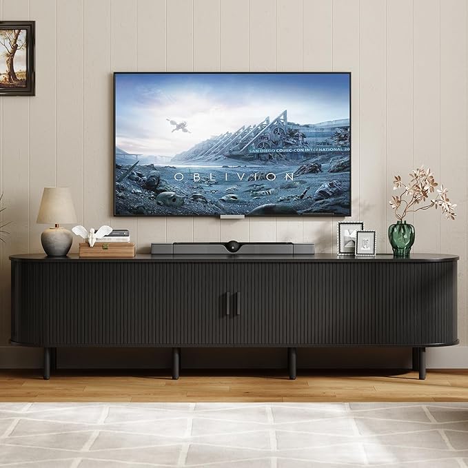 ONBRILL 86.6" TV Stand with Power Outlet for TVs up to 90 Inch, Entertainment Center with Storage and Adjustable Shelves, Modern Media Console with Sliding Doors for Living Room, Black