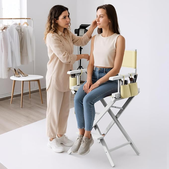 OmySalon 26" H Tall Directors Chair, Wooden Portable Folding Makeup Chair w/Storage Pouch & Footrest, Professional for Salon/Events/Mobile Services, 250lb Capacity, Beige Canvas