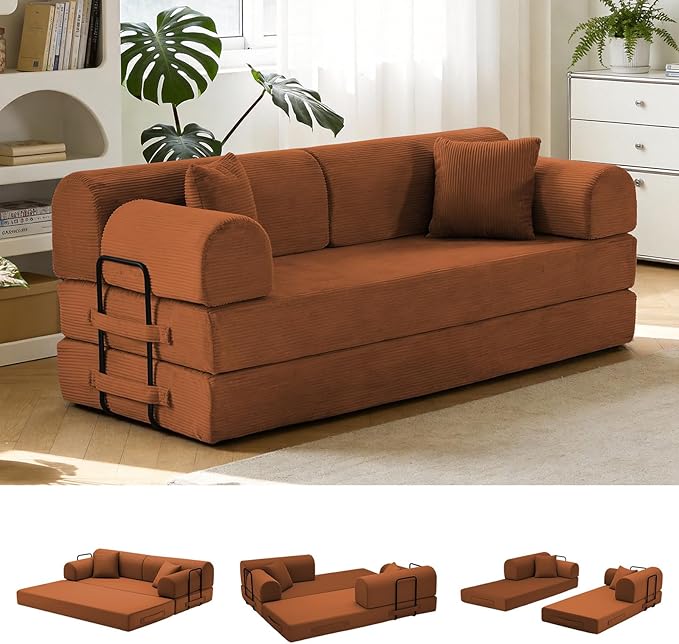 78.8" Convertible Sofa Bed with Detachable Arm Pillow, 6-in-1 Sectional Couches for Living Room, Corduroy Boneless Couch, Sleeper Loveseat Couch Bed, No Assembly, Orange Couch