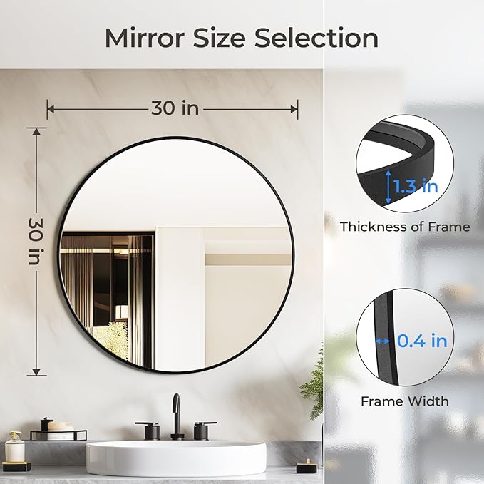 USHOWER Bathroom Mirrors for Over Sink, 30 Inch Circle Mirror with Metal Frame, Black Wall Mirror for Vanity, Entryway, Living Room, Hallway and Bedroom Decor