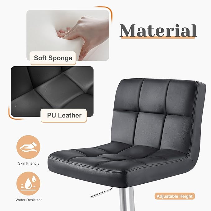 Sweetcrispy Bar Stools Set of 4, Armless PU Leather Adjustable Swivel Barstools, Hydraulic Kitchen Counter Height Thickened Seat Cushion Square Island Countertop Chairs with Back, Black