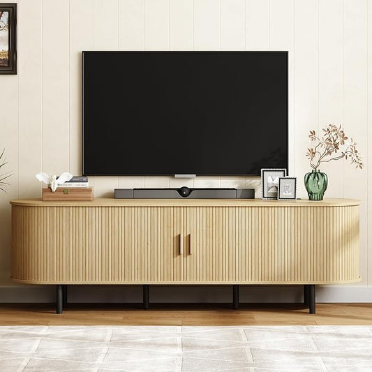 ONBRILL 70.8" TV Stand with Power Outlet for TVs up to 75 Inch, Entertainment Center with Storage and Adjustable Shelves, Modern Media Console with Sliding Doors for Living Room, Oak