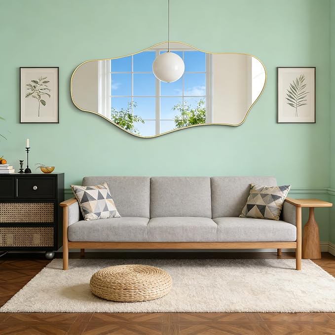 Large Irregular Mirror, 55"x25.6" Asymmetrical Aesthetic Mirror with Gold Metal Frame, Modern Organic Mirrors for Living Room Bedroom Hallway Entryway, Horizontal or Vertical Hanging