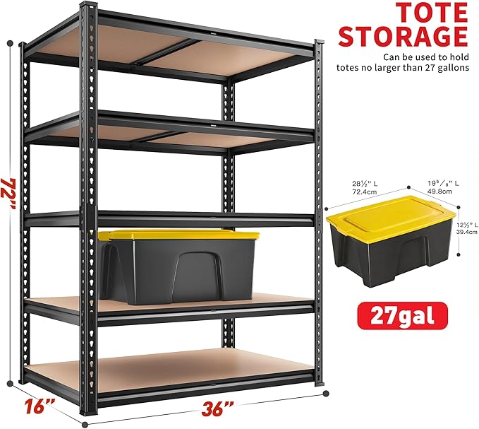 REIBII 2400LBS Garage Shelving 5 Tier Storage Shelves Heavy Duty, Adjustable Metal Shelving Unit,Garage Shelves for Basement,Warehouse,Pantry,Closet,Kitchen 72" H x 36" W x 16" D,2 Pack | Heavy Duty