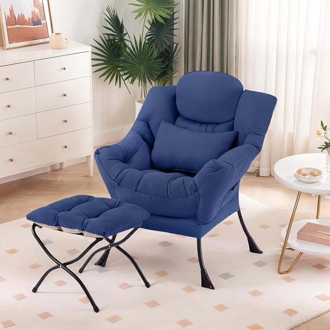 Furlide Lazy Chair with Ottoman, Modern Lounge Chair with Lumbar Pillow, Accent Cozy Reading Armchair and Folding Footstool for Bedroom, Dorm, Living Room,Peacock Blue