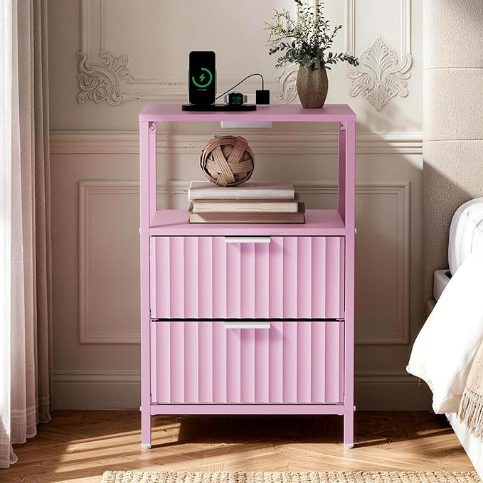 VINGLI Night Stand Set 2 with Fabric Drawers, Pink Nightstands with Charging Station, Fluted Nightstand Pink Bedside Table/Side Table for Bedroom, Night Stand Small with Charging Station for Kids Room
