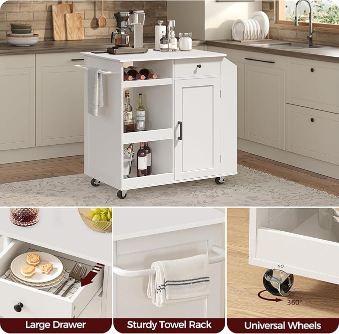 MAHANCRIS Kitchen Island with Power Outlet, Kitchen Storage Island with Drawer, Rolling Kitchen Cart on Wheels, Spice Rack, Towel Rack, Wine Rack, for Dining Room, White KIWT122E01