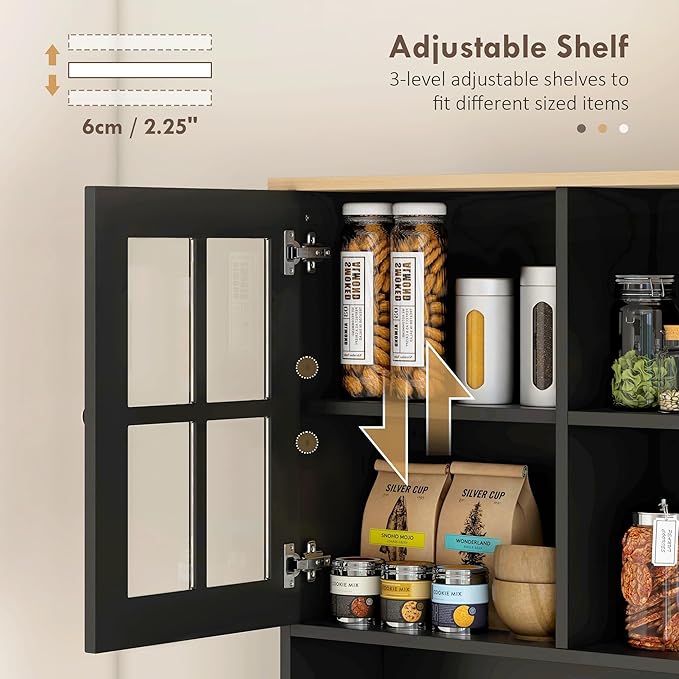 HOMCOM Kitchen Pantry Storage Cabinet, 72" Freestanding Cabinet with Hutch, Large Countertop, Glass Doors and Adjustable Shelves for Dining Room, Black