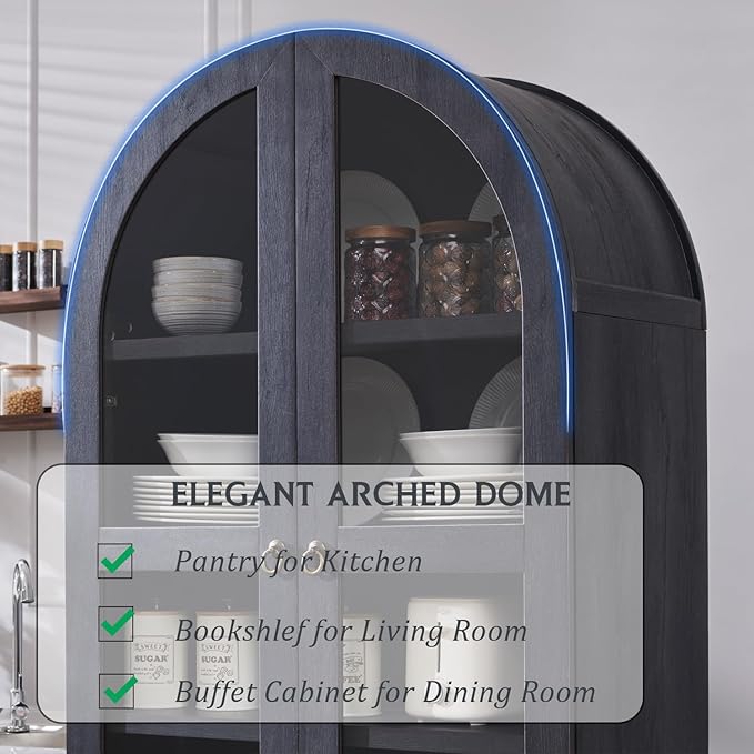 IFGET 71" Tall Arched Kitchen Pantry Cabinet, Wood Kitchens Storage Cabinets with 2 Large Drawers and Adjustable Shelves, Modern Farmhouse Versatile Cupboard for Kitchen, Dining Room, Bathroom, Grey