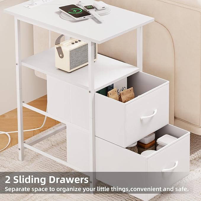 Somdot End Table Set of 2 with Charging Station, Narrow Side Table with 2 Fabric Drawers, Skinny Nightstand with Storage, Small Slim Bedside Table for Living Room, Sofa, Bedroom, Couch, White