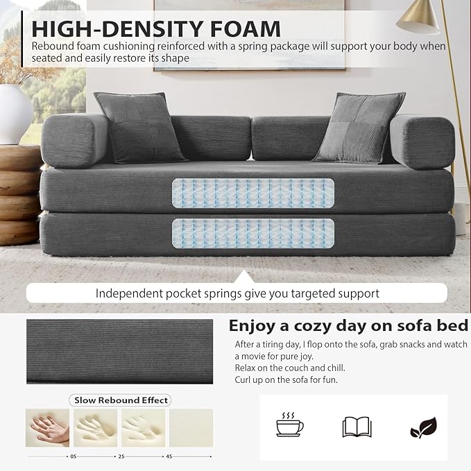 HANXIN Convertible Sleeper Sofa Bed, 78 Inch Folding Floor Mattress Couch with Fixed-Shape Frame, Futon Boneless Couch Lounge Loveseat with Pull Out Bed, No Assembly Required, Grey