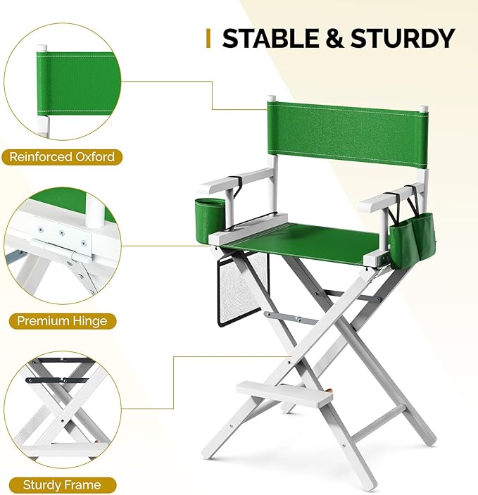 OmySalon 26" H Tall Directors Chair, Wooden Portable Folding Makeup Chair w/Storage Pouch & Footrest, Professional for Salon/Events/Mobile Services, 250lb Capacity, Olive Green Canvas & White Frame