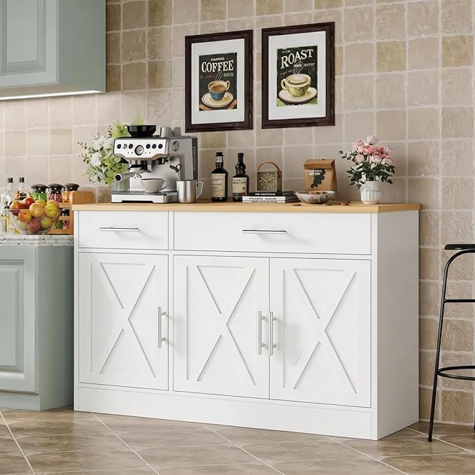 Vongrasig Buffet Cabinet with Storage, 43” Farmhouse Coffee Bar Cabinet with 3 Doors, Wood Buffet Table for Kitchen Dining Room Living Room, Off White