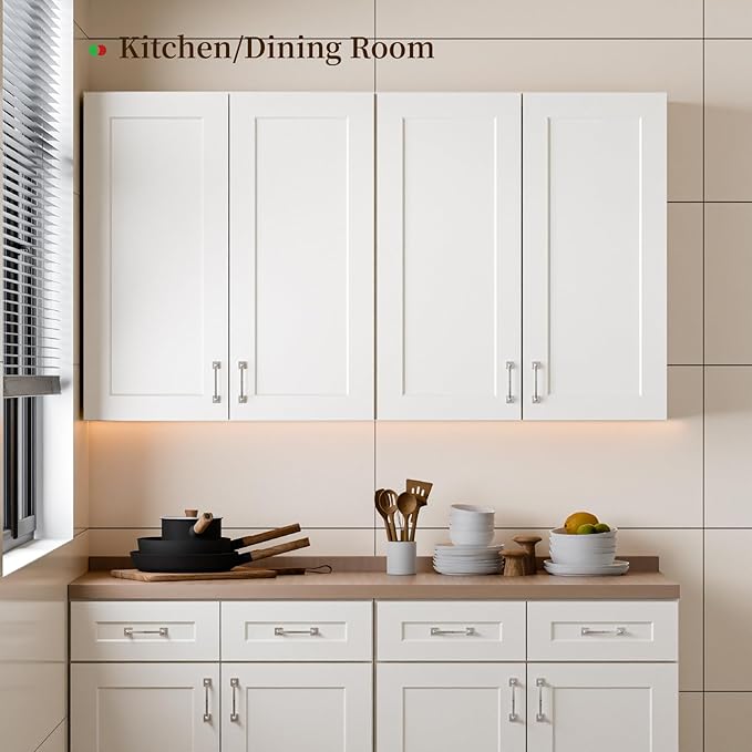 Kisart Laundry Room Cabinets Wall Mounted with Doors & Shelves, Solid Wood RTA Medicine Storage Cabinet, 27Wx42Hx12D Inch White Shaker Hanging Cupboard, Space-Saving for Kitchen, Bathroom, Garage