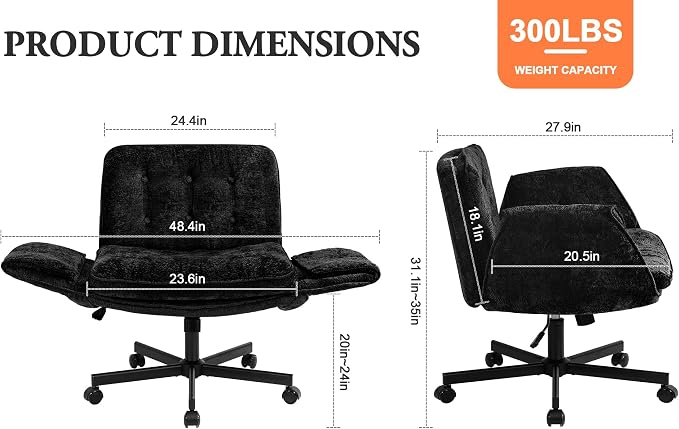 Criss Cross Chair with Wheels & Arms, Chenille Cross Legged Office Chair with 5-level Folding Armrest, Comfortable Adjustable Swivel Vanity Chair for Home, Make Up, Bed Room, Office, Accent (Black).