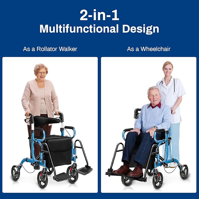 Goplus 2 in 1 Rollator Walker for Seniors, Medical Walker with Seat, Folding Transport Wheelchair Rollator with 8" Wheels, Reversible Backrest, Footrests, Aluminum Mobility Walking Aid (Blue)