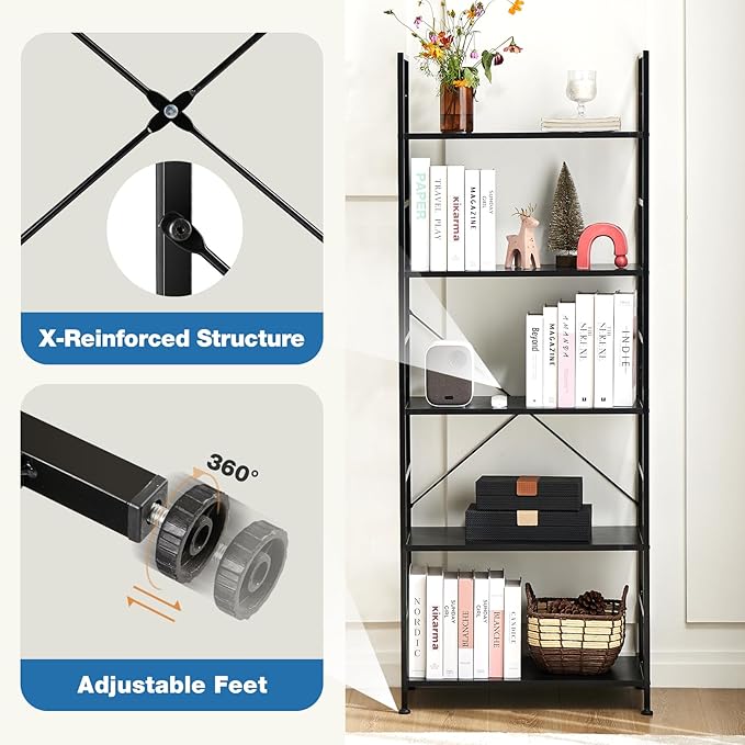 DUMOS 5 Tiers Open Bookshelf, Classic Freestanding Tall Display Shelf, Multifunctional Storage Organizer Rack for Living Room Home Office, Sturdy Bookcase for CDs/Books/Movies, Modern Black