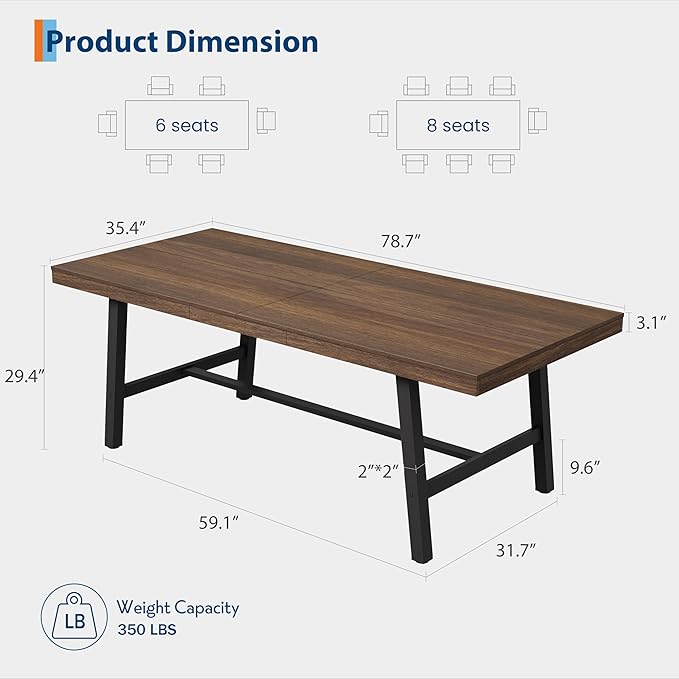 GarveeHome Industrial Dining Table for 6-8 People, 78.7" Long Large Kitchen Table with Sturdy Metal Frame, Rectangular Counter for Dinner, Kitchen, Dining Room (Brown, 79" Non-extendable)