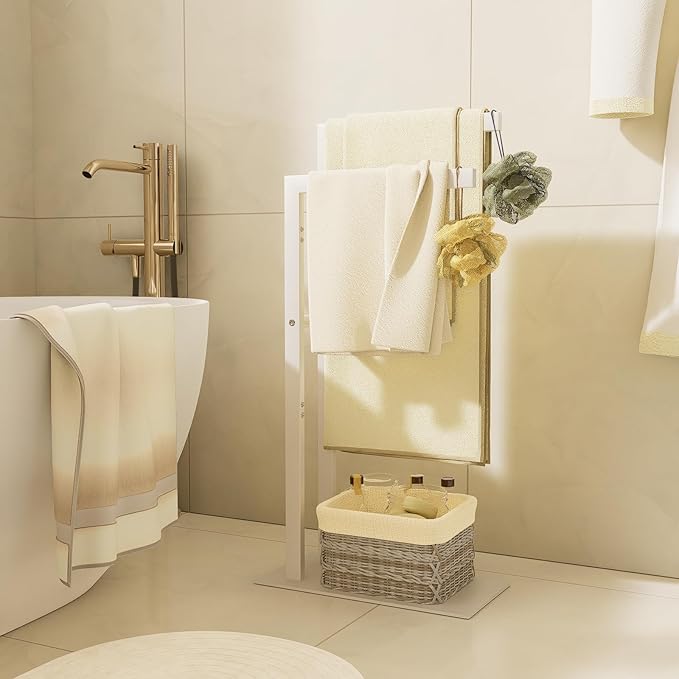 Yawinhe Free Standing Towel Rack, 2 Tier Blanket Holder with Marble Base, Metal Hand Towel Holder for Bathrooms, Drying and Display Rack with Shelf,15.7×7.87×31.49 inch,White, SMJ003W