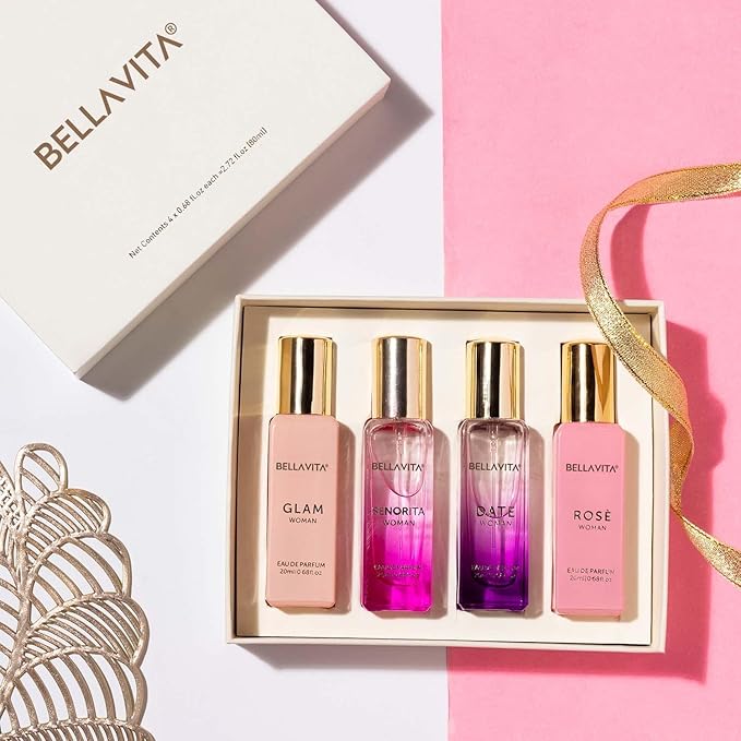 Bellavita Luxury Women's Perfume Gift Set with Rose, Senorita, Date, and Glam | 80ml | Perfume for Women | Pink Pepper, Yuzu, Floral Peach, and African Orange Notes | Long Lasting Women's Fragrance