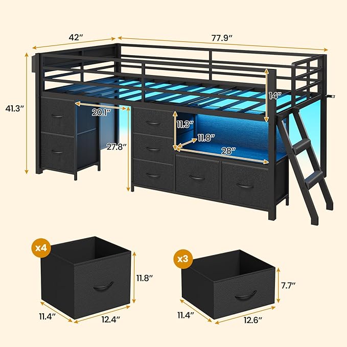 ADORNEVE Low Loft Bed Twin Size with 7 Storage Drawers, Bookcase and LED Lights, Metal Kids Loft Bed with 14" H Safety Guardrail,Inclined Ladder and Play Curtain, Under-Bed Play Space, Black