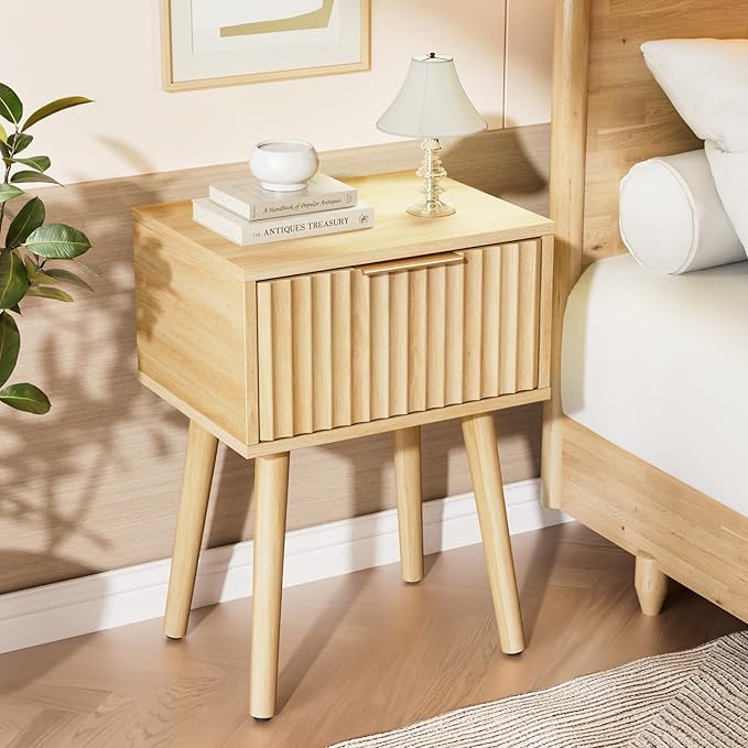 VINGLI Night Stand Set 2, Fluted Nightstands with Drawer, Mid Century Modern Nightstands Set of 2, Bedside Table, End Table, Wood Nightstand for Bedroom, Natural Oak, 15.75" W*11.81" D*21.85" H