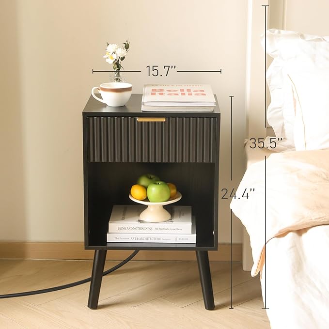 Fultyle Fluted Black Nightstand with Charging Station, Mid Century Modern Bedside Table with Drawers and Outlet, Side Tables Living Room, Wooden Night Stand for Bedroom, Office (Black)