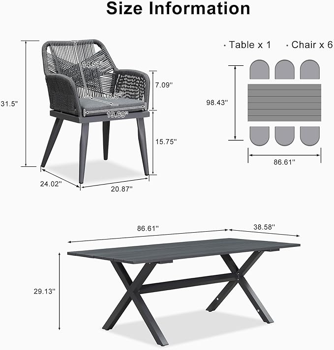 PURPLE LEAF Outdoor Patio Dining Set All-Weather PE Rattan Furniture Set with All Aluminum Frame Rectangular 7 Pieces Table and Chairs Set for 6 People Lawn Garden Backyard Deck, Grey