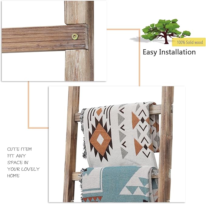 FUIN 6.4ft Extra Wide Wooden Blanket Ladder Living Room Decorative Wal Leaning Farmhouse Quilt Display Holder Rustic Wood Towel Rack for Bathroom, Burnt Brown, 24 inch Wide
