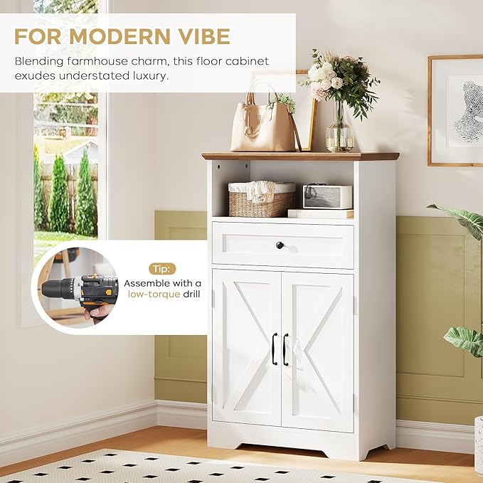 Floor Cabinet, Farmhouse Storage Cabinet with Barn Doors and Drawer, Freestanding Adjustable Shelf Organizer for Bathroom, Kitchen, Living Room White
