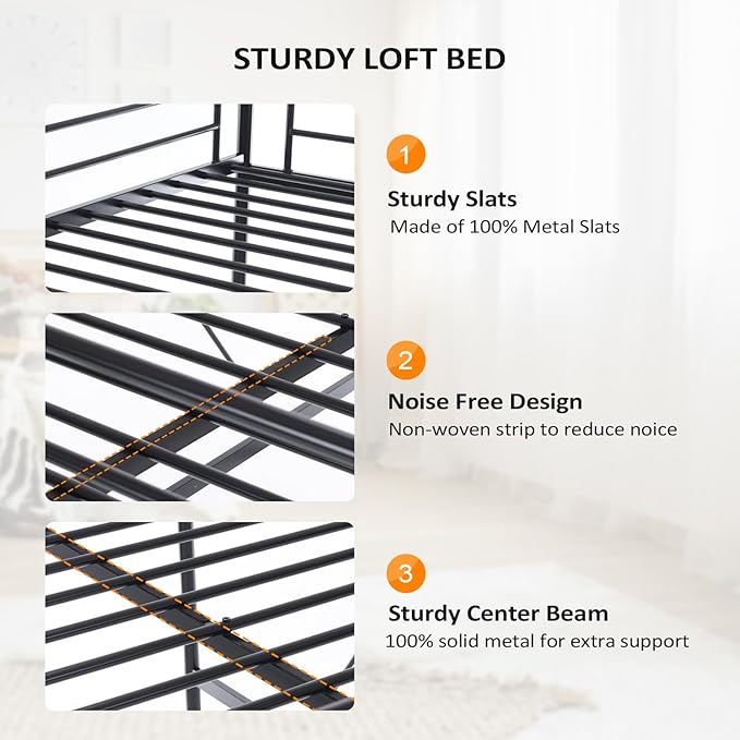 VINGLI Loft Bed Full Size with Flat Rungs for Adults, Kids and Young Teens, No Box Spring Required,Heavy Duty Metal Slat Support,Black