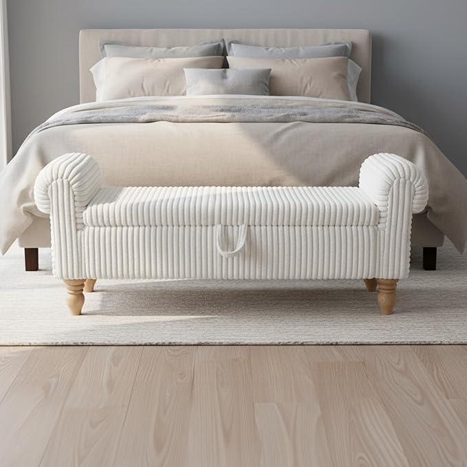 51.5" Bench for End of Bed Storage Benches, Queen End of Bed Bench Corduroy Upholstered Storage Ottoman Window Bench with Storage, for Bedroom, Entryway, Closet, White