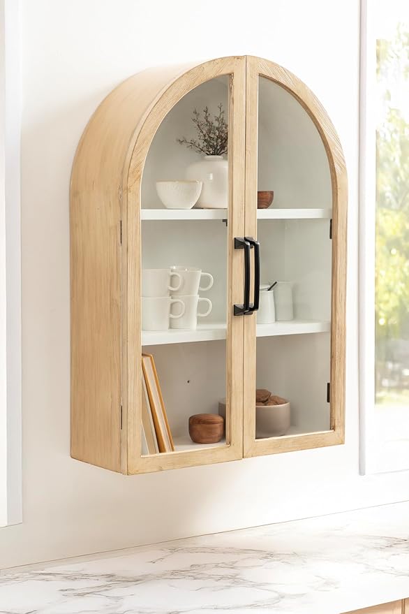 Kate and Laurel Arcott Modern Arch Wall Cabinet, 21 x 8 x 30, Natural Wood and White, Transitional Arched Cabinet for Use as Over-the-Toilet Storage or Living Room Storage Cabinet