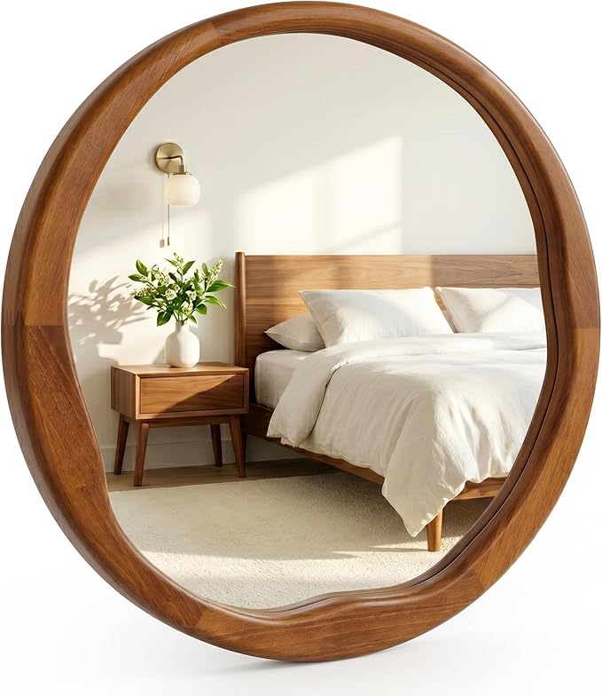 Walnut Round Mirror 24 Inch, Solid Wood Framed Bathroom Vanity Mirror with Wavy Inner Edge, Retro Mid-Century Wall Decor for Bedroom & Entryway