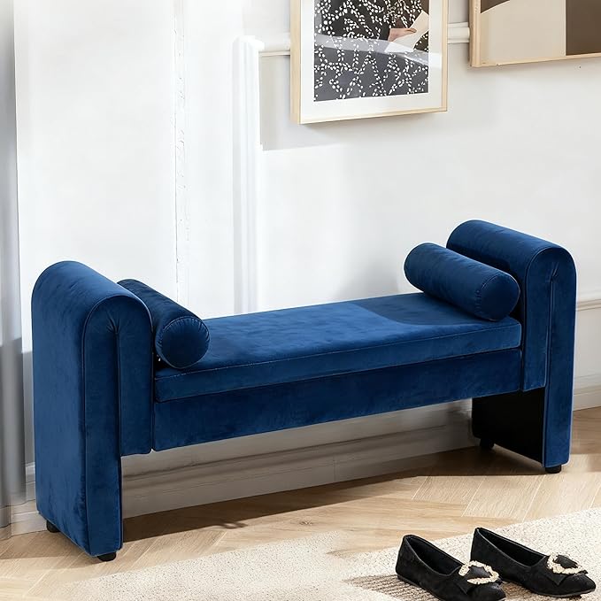 Storage Bench for Bedroom End of Bed, Velvet Upholstered Rolled Armed Button Tufted Sofa Stool Bench, Storage Ottoman Couch Long Bench with Solid Wood Legs (Navy-2)