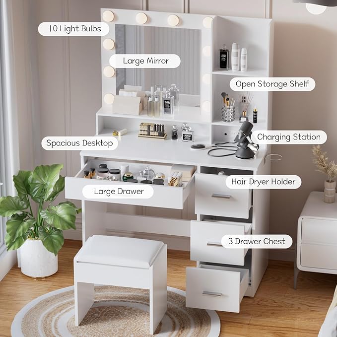 YESHOMY 39" Vanity Desk with Mirror & Lights, Makeup Vanity Table with Power Outlet & Storage Drawers, 3 Color LED Lighting, Dressing Table for Bedroom, White