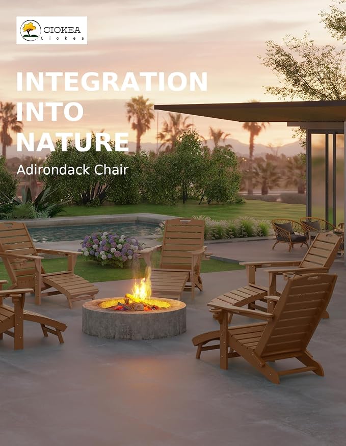 Ciokea Folding Adirondack Chair with Retractable Ottoman Fire Pit Patio Chair with Pull Out Foot Rest Weather Resistant Lawn Outdoor Lounge Chair with 2 Cup Holder (Teak)