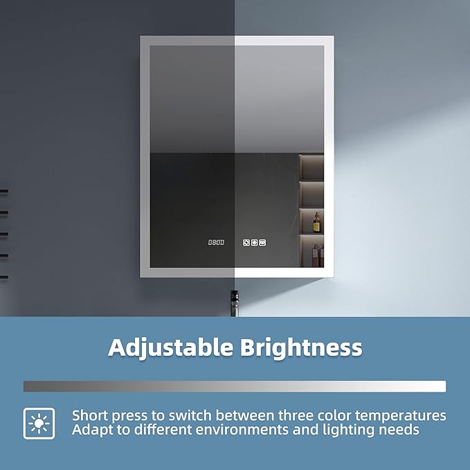 LED Medicine Cabinet Mirror with Lights, 24x30 Inch Bathroom Storage, Recessed/Wall Mount, Plug-in/Hardwired, 3 Color Dimmable Light, Anti-Fog, Time Temp Display, Right Hinge
