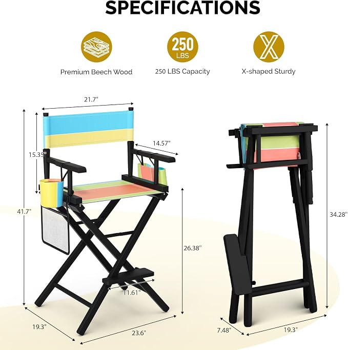 OmySalon 26" H Tall Directors Chair, Wooden Portable Folding Makeup Chair w/Storage Pouch & Footrest, Professional for Salon/Events/Mobile Services, 250lb Capacity, Colorful Canvas & Black Frame