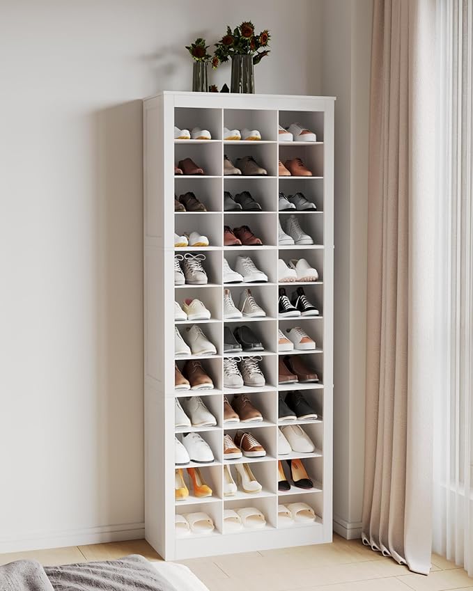 Hzuaneri Shoe Storage Cabinet, 36 Pairs Free Standing Closet Organizer, 9 inch Widened Cell Wood Shoe Organizer, 12 Tiers Vertical Space Saving Shoe Rack for Entryway, Cloakroom, White SR20703X