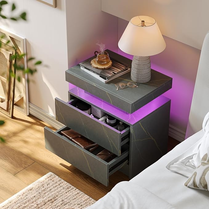 Nightstand LED Bedside Table LED Cabinet LED Lights Modern End Side Table with 2 Drawers for Bedroom Light Grey