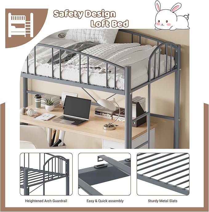 GarveeHome Loft Bed Twin Size, Heavy Duty Metal Loft Bed Frame with Arched Guardrail and Safety Ladder, Space-Saving, No Box Spring Needed, Modern Gray