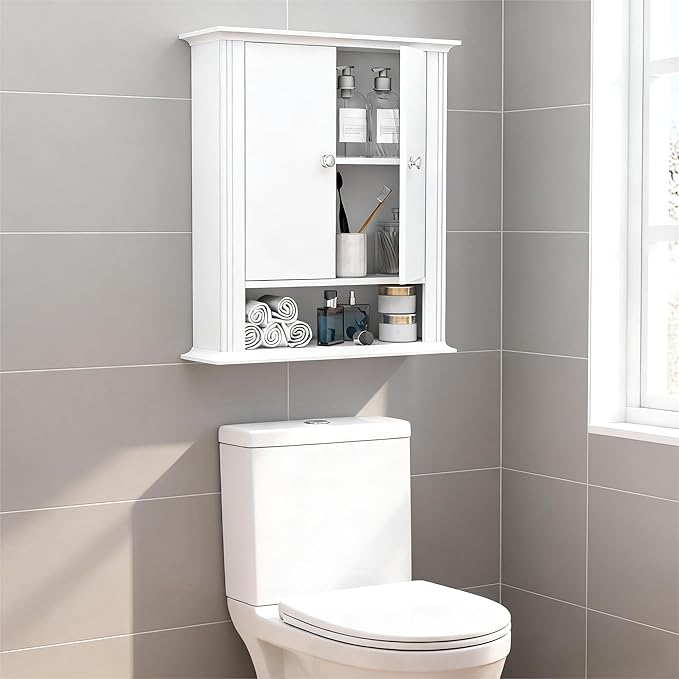 White Bathroom Wall Cabinet, Over the Toilet Storage Cabinet, Bathroom Cabinet Wall Mount, 2 Doors & Hooks, Medicine Cabinet Organizer, Hanging Wall Cabinet Cupboard for Kitchen Laundry Room White