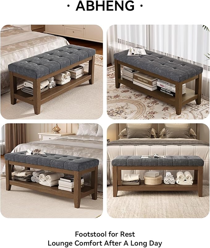 ABHENG Solid Rubber Wood Shoe Bench, Soft Chenille Material Upholstered Seat, 770LB Load Capacity, Multi-Storage for Entryway/Bedroom/Living Room, Vintage Style, 43.3"x15.7"x17.7", Dark Gray,UASND65G