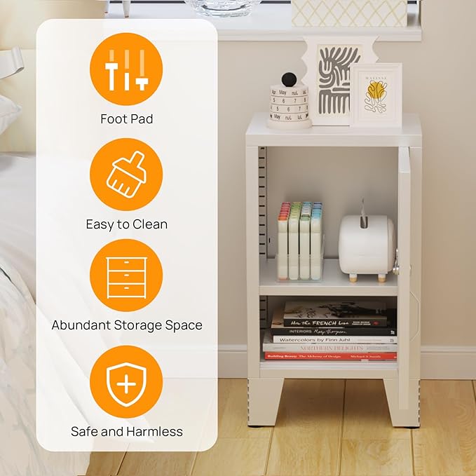 ALBAD Metal Nightstand with Lockable Cabinet, Compact Mini Locker Bedside Table for Kids & Adults, Modern Steel Side Table for Bedroom, Dorm, or Living Room (White)