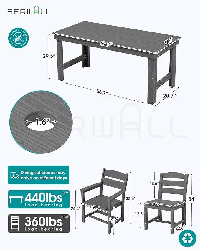 SERWALL Outdoor Dining Table Set, 67‘’ HDPE Patio Dining Set for 6, Outdoor Table and Armless Chairs Set with 1.6-inch Umbrella Hole for Deck, Grey