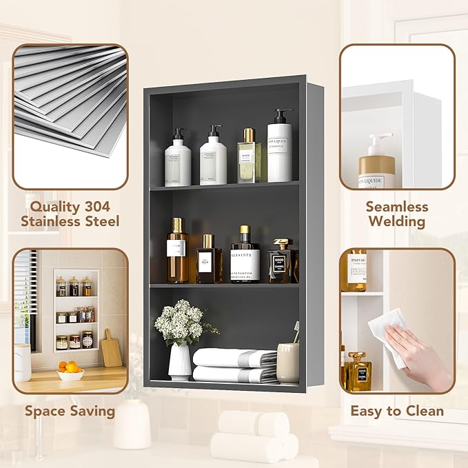 14x24 Recessed Medicine Cabinet, Bathroom Wall Cabinet, 304 Stainless Steel Recessed Wall Niche with 3-Tiers Shelves, Matte Gray